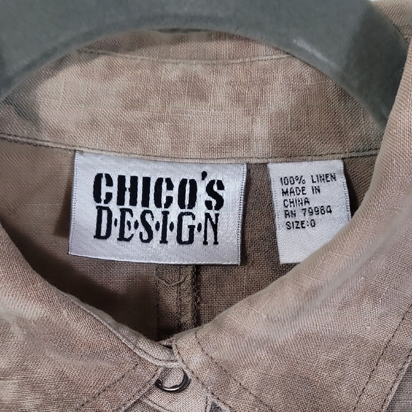 Vintage Chicos 100% Linen Snap Button Up Shirt Size S/M Tie Dye Brown Roll Tab - Picture 4 of 12